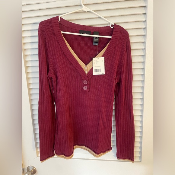 Axcess Tops - Axcess Burgundy Ribbed V-Neck Blouse